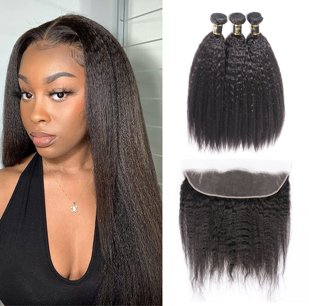 Unprocessed Brazilian Virgin Kinky Straight Human Hair 3 Bundles with 13x4 Lace Frontal Natural Black Color Hair Extension