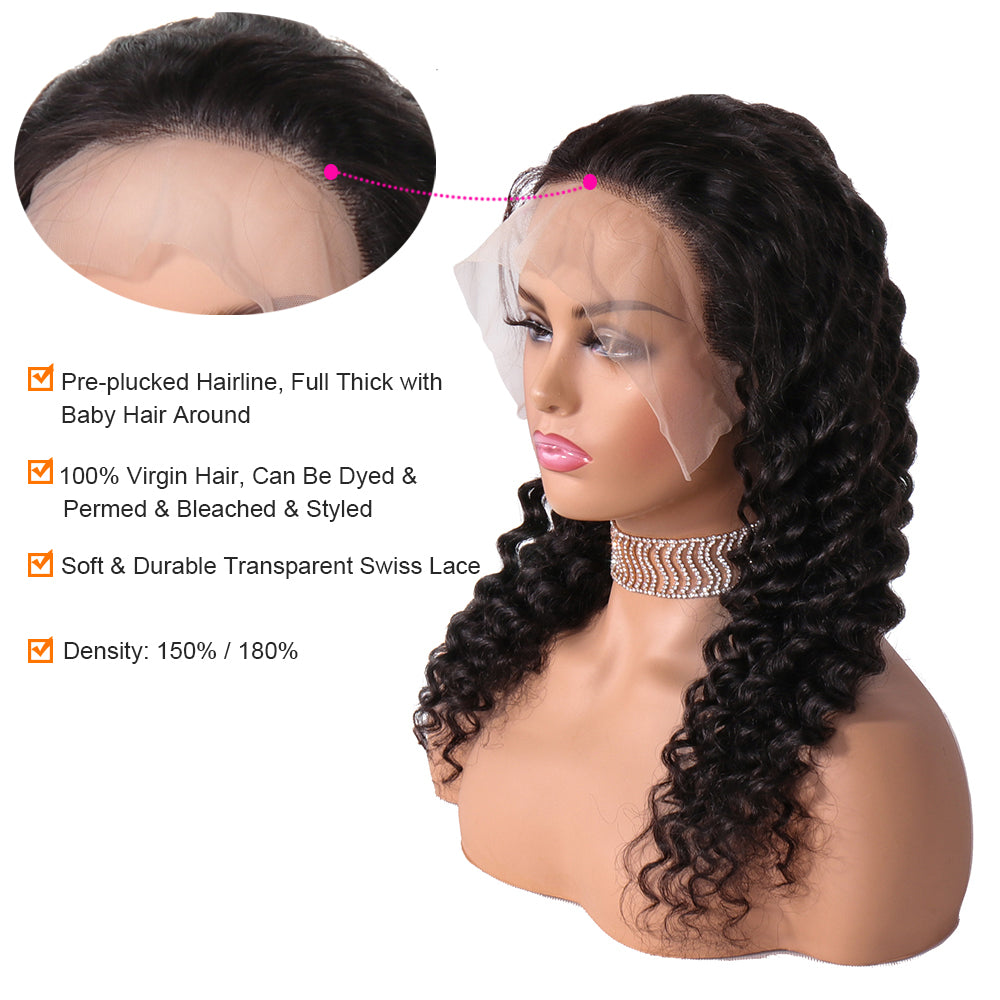 Aosun 150 Density 13x4 Lace Frontal Wig Deep Wave Brazilian Remy Human Hair Wigs