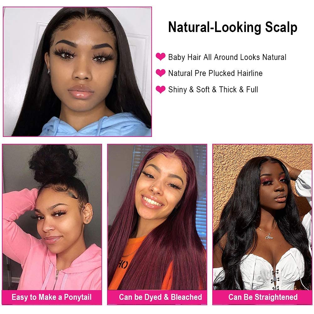 Aosun Hair Transparent Lace Front Wigs Human Hair 180% Density Pre Plucked with Baby Hair Peruvian Straight 13x4 Lace Frontal Wig Natural Color