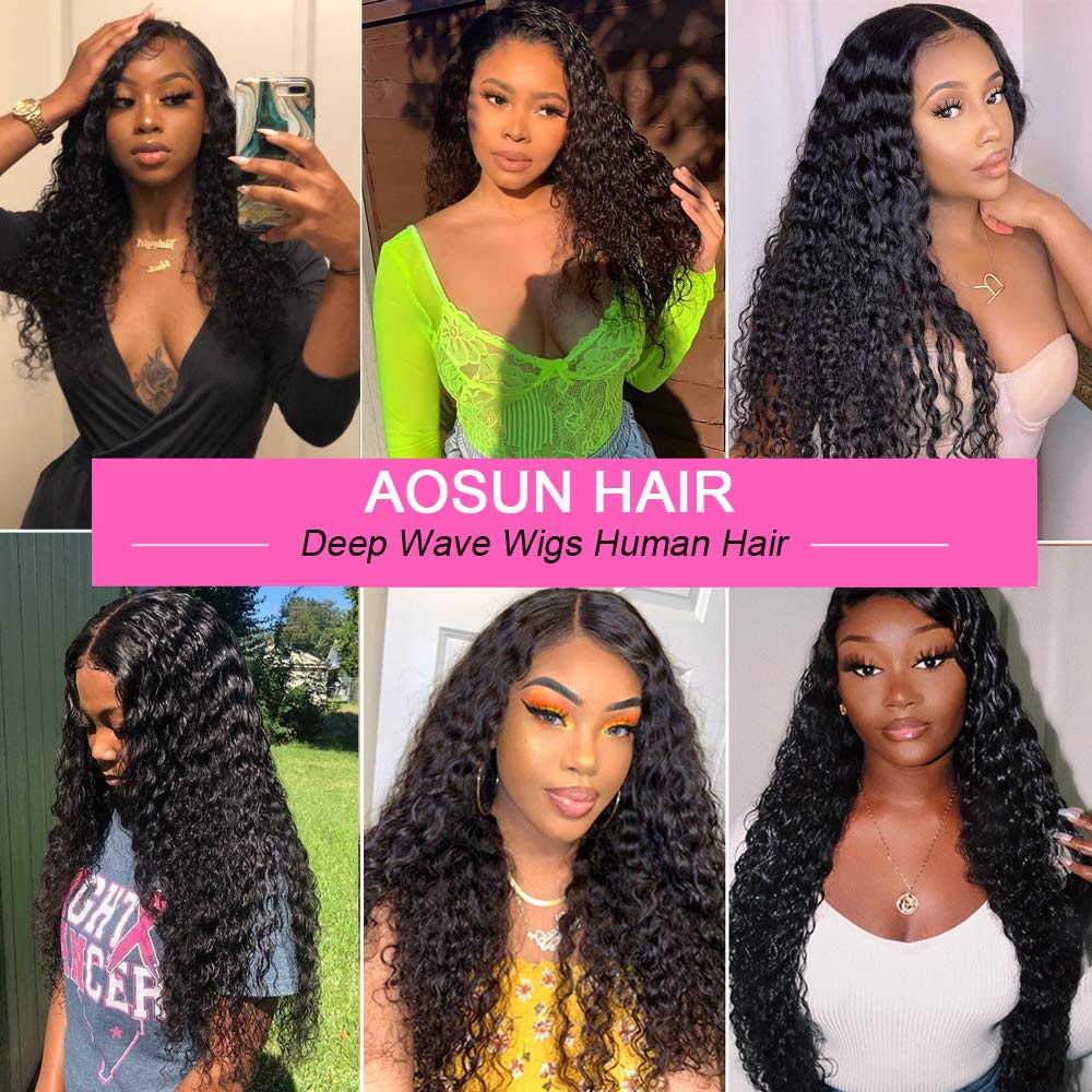 Aosun 150 Density 13x4 Lace Frontal Wig Deep Wave Brazilian Remy Human Hair Wigs