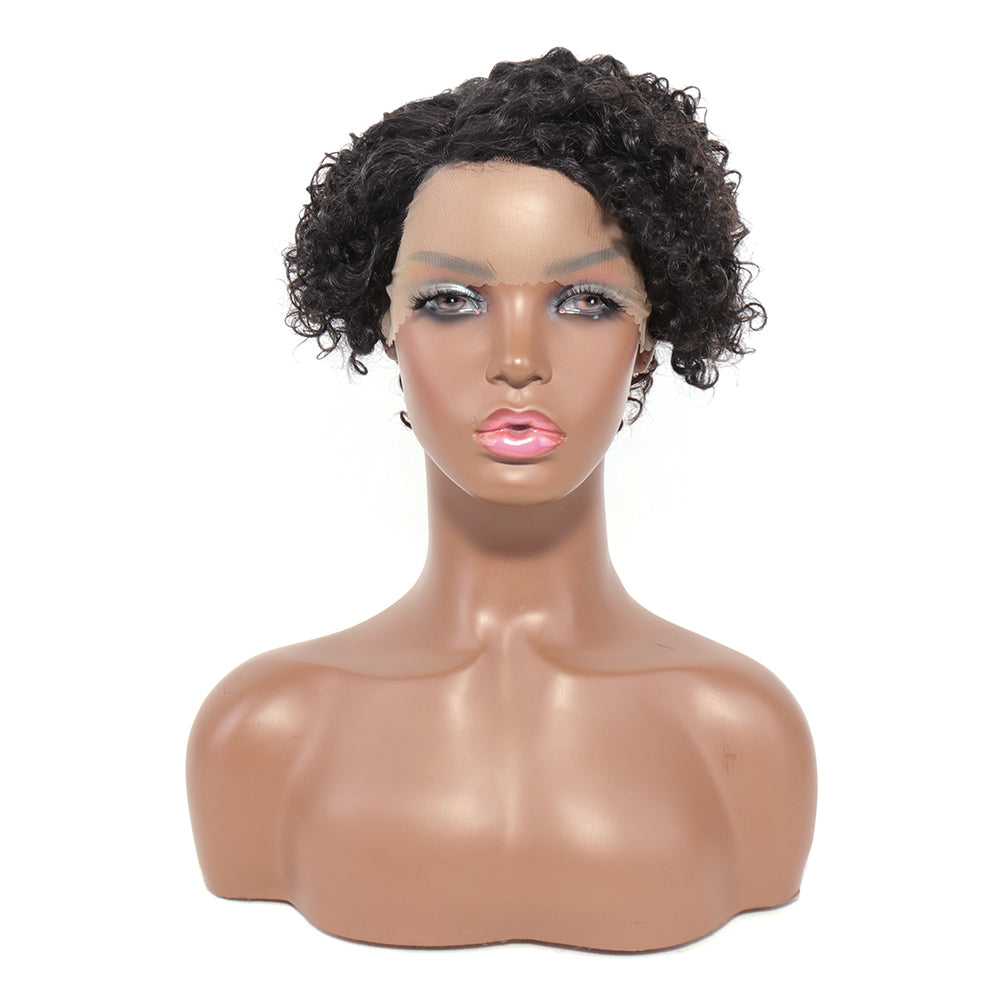 Human Hair Pixie Curly Side Part 13x4x1 T-Part Lace Wig Density Natural Black Color Jerry Curly Pre Plucked with Baby Hair Glueless