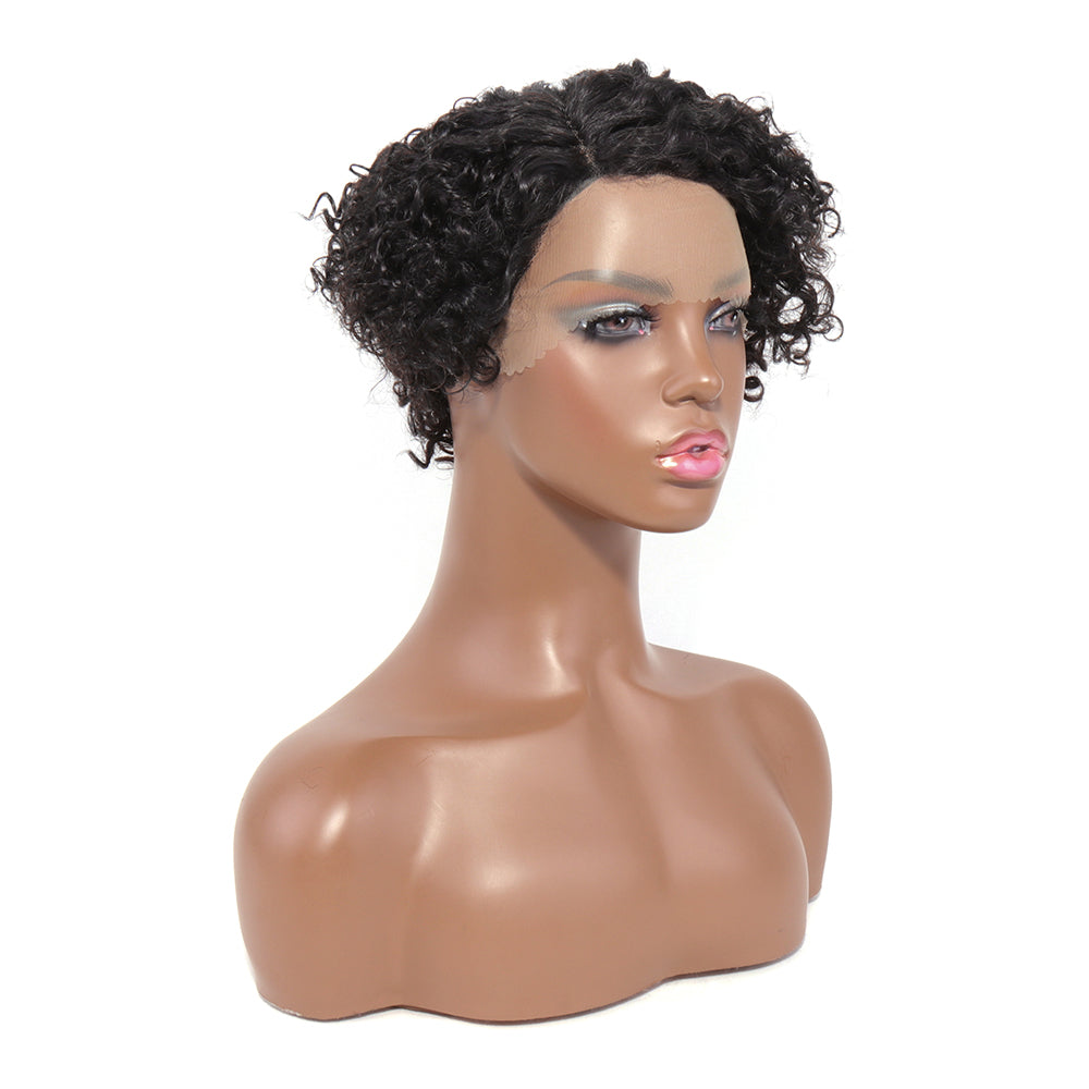 Human Hair Pixie Curly Side Part 13x4x1 T-Part Lace Wig Density Natural Black Color Jerry Curly Pre Plucked with Baby Hair Glueless