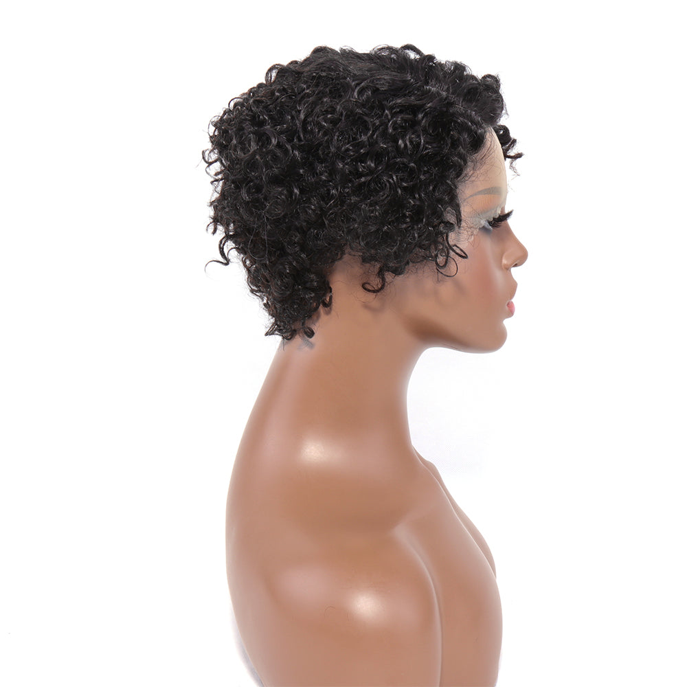 Human Hair Pixie Curly Side Part 13x4x1 T-Part Lace Wig Density Natural Black Color Jerry Curly Pre Plucked with Baby Hair Glueless