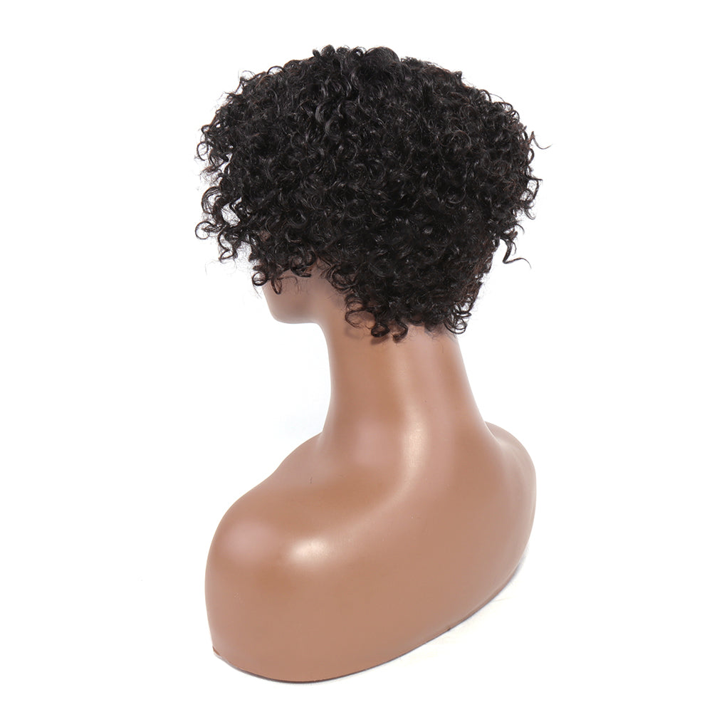 Human Hair Pixie Curly Side Part 13x4x1 T-Part Lace Wig Density Natural Black Color Jerry Curly Pre Plucked with Baby Hair Glueless