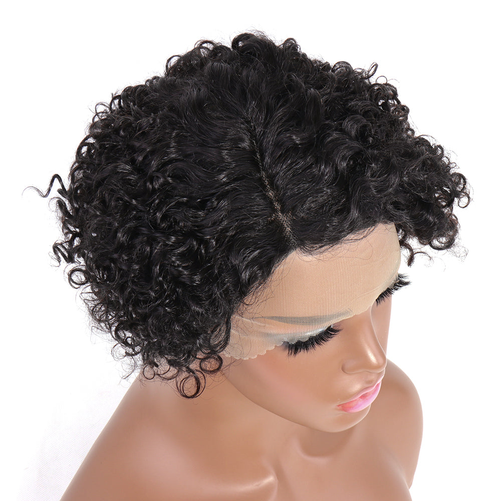 Human Hair Pixie Curly Side Part 13x4x1 T-Part Lace Wig Density Natural Black Color Jerry Curly Pre Plucked with Baby Hair Glueless