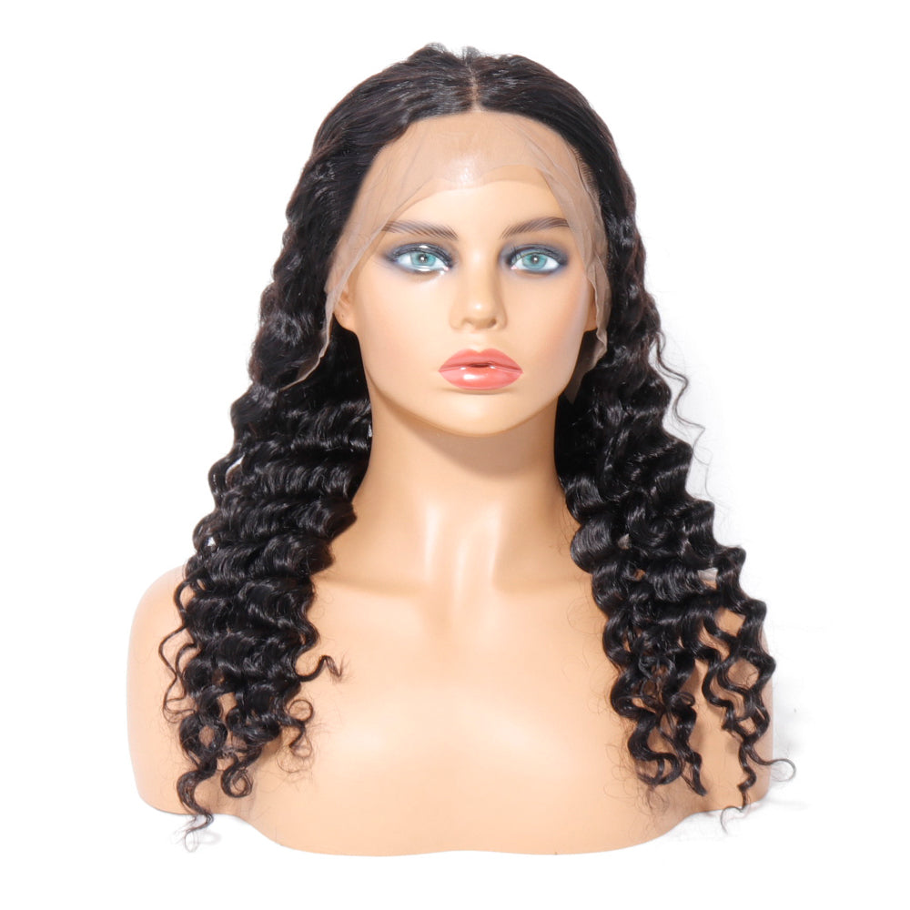 U Part Lace Front Wigs Deep Curly Human Hair Pre Plucked with Baby Hair Natural Black Color Deep Wave Wig