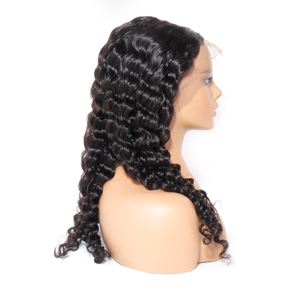 U Part Lace Front Wigs Deep Curly Human Hair Pre Plucked with Baby Hair Natural Black Color Deep Wave Wig