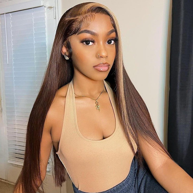 Honey Blonde & Brown Highlight Wigs Straight 13x4 Lace Front Wig