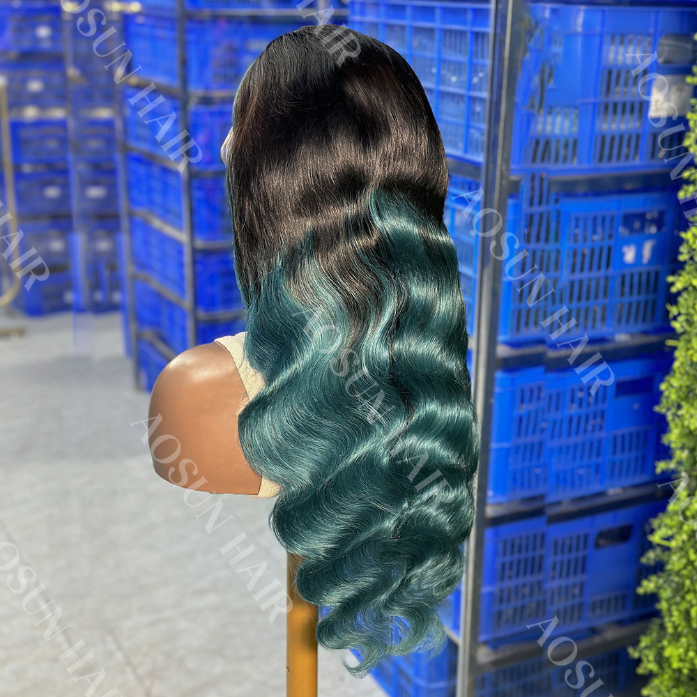 Ombre Green Color Human Hair Lace Wig 13x4 Transparent Lace Frontal Wig