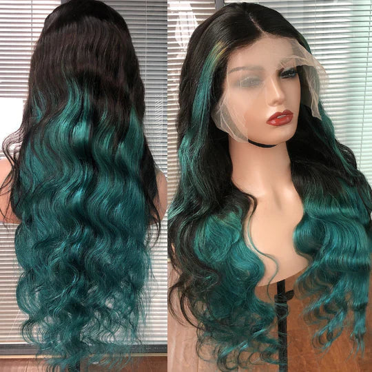 Ombre Green Color Human Hair Lace Wig 13x4 Transparent Lace Frontal Wig