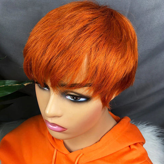 Ginger Color Human Hair Short Wig Machine Made Short Wig With Bangs