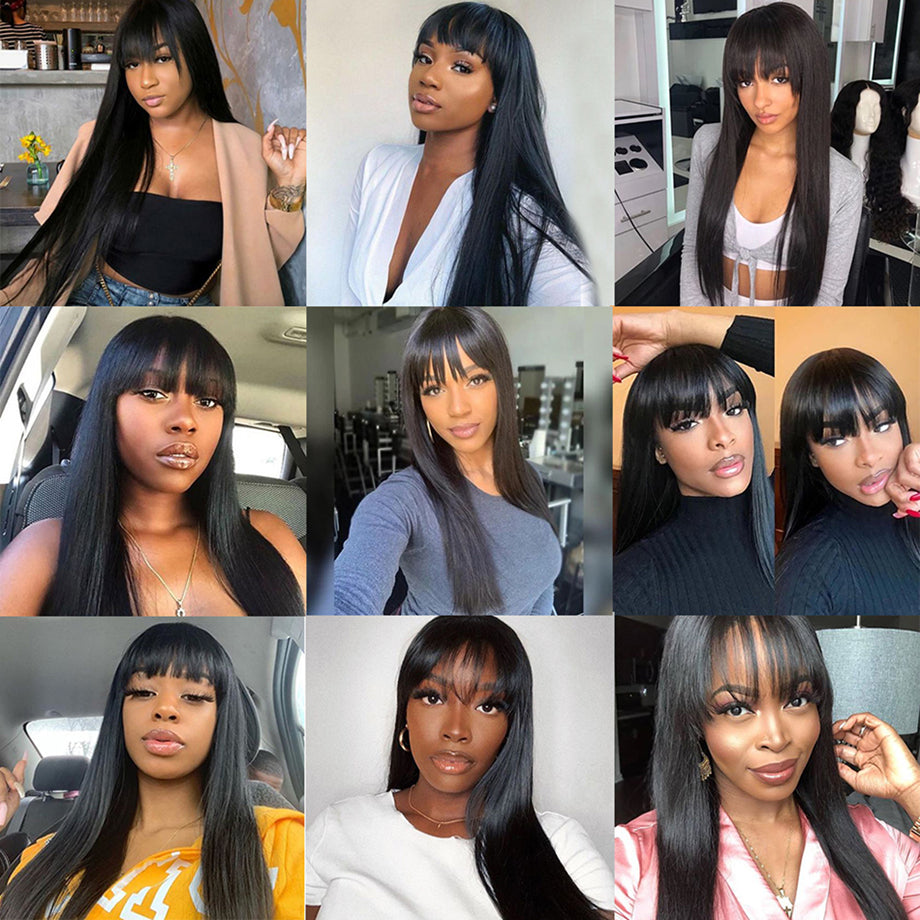 Natural Black Silky Straight Human Hair Wig Machine Made Wig With Bangs