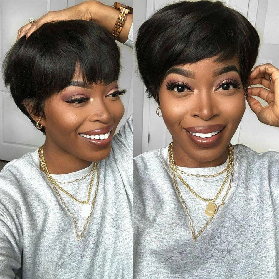 Straight Short Bob Wig With Bangs Non Lace Glueless Full Machine Human Hair Wigs