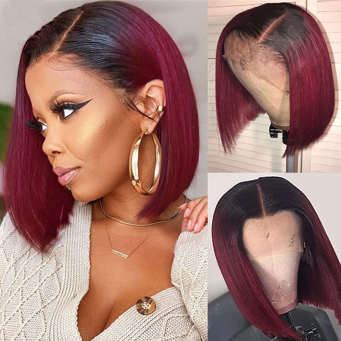 Red Wine Omber Burgundy Color Human Hair Short Bob Wig Pre-Plucked Hairline Bleached Knots 13x4 Lace Front Wig