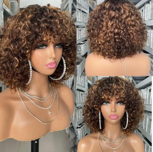 Curly Human Hair Wig with Bangs Honey Blonde Highlight Color Full Machine Made Water Curly Bob Wigs