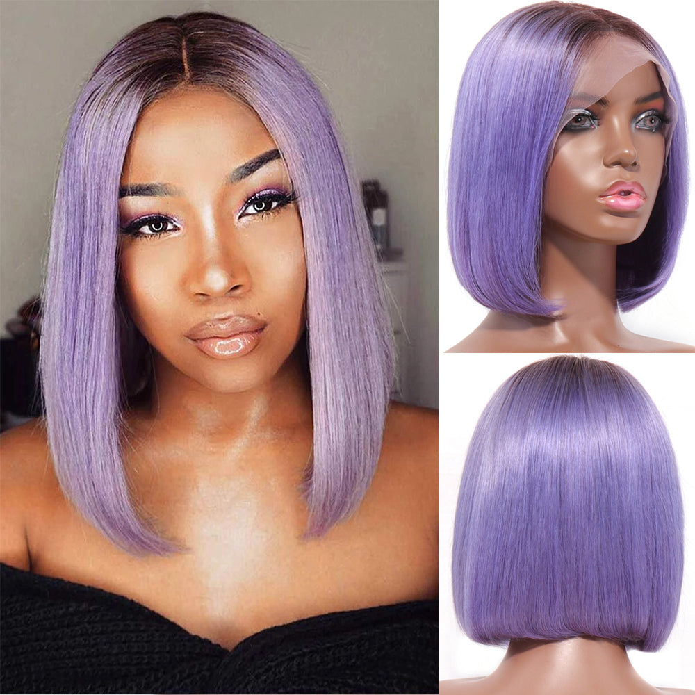 Color T1b/Light Purple Straight Wig 13x4 Front Lace Human Hair Bob Wig