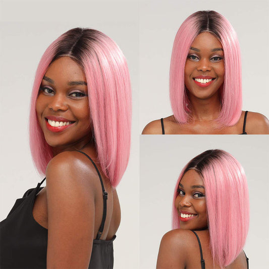 Aosun Lace Front Wigs Human hair T1B/Rose Pink Colored Short Bob Wig 13x4x1 T-Part Pre Plucked Middle Part 150% Density Wig for Women