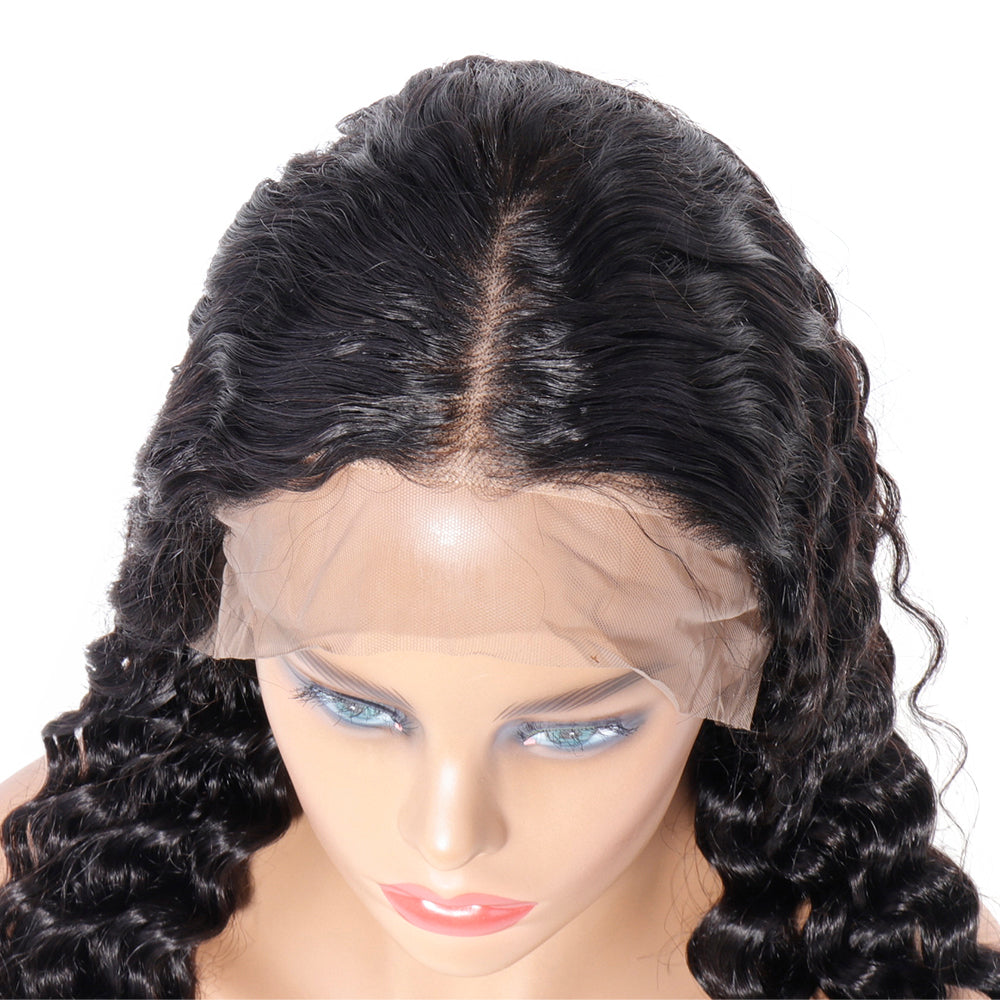 U Part Lace Front Wigs Deep Curly Human Hair Pre Plucked with Baby Hair Natural Black Color Deep Wave Wig