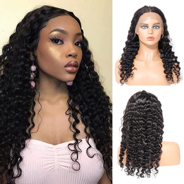 U Part Lace Front Wigs Deep Curly Human Hair Pre Plucked with Baby Hair Natural Black Color Deep Wave Wig