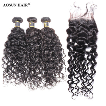 Aosun Hair Water Curly Bundles With Closure 100% Human Hair 3 Bundles Hair Free Shipping