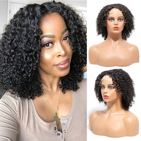 Lace Front Wig Kinky Curly Bob Wig ,Natural Black Color Human Hair Short Curly Wigs with Baby Hair