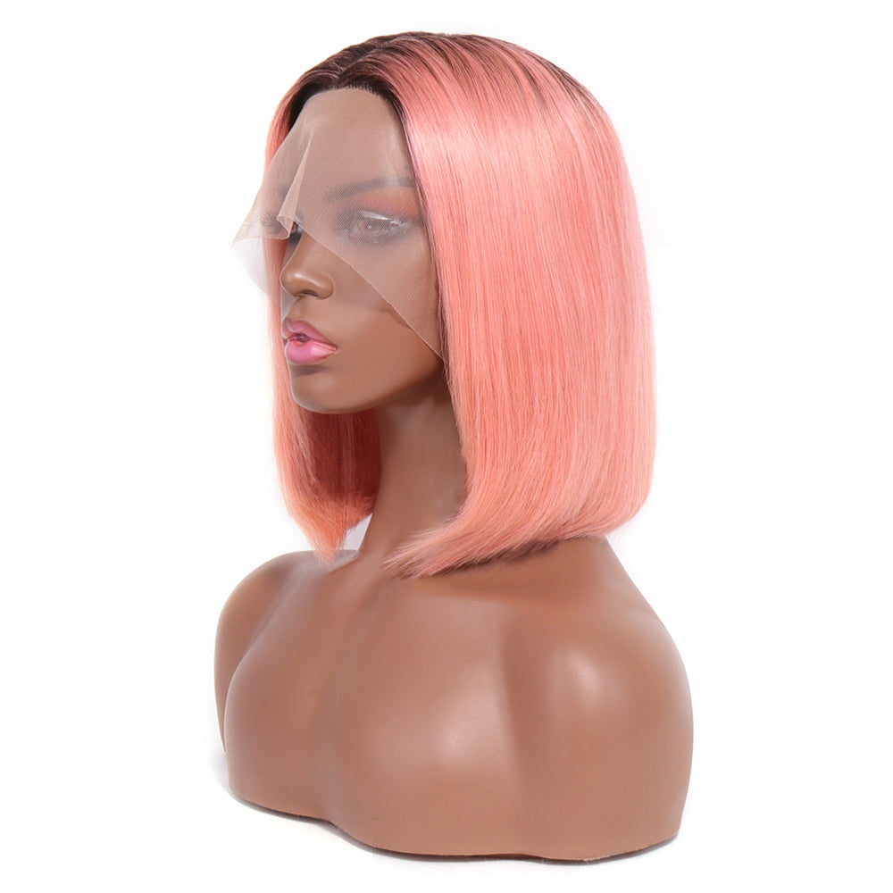 Aosun Lace Front Wigs Human hair T1B/Rose Pink Colored Short Bob Wig 13x4x1 T-Part Pre Plucked Middle Part 150% Density Wig for Women