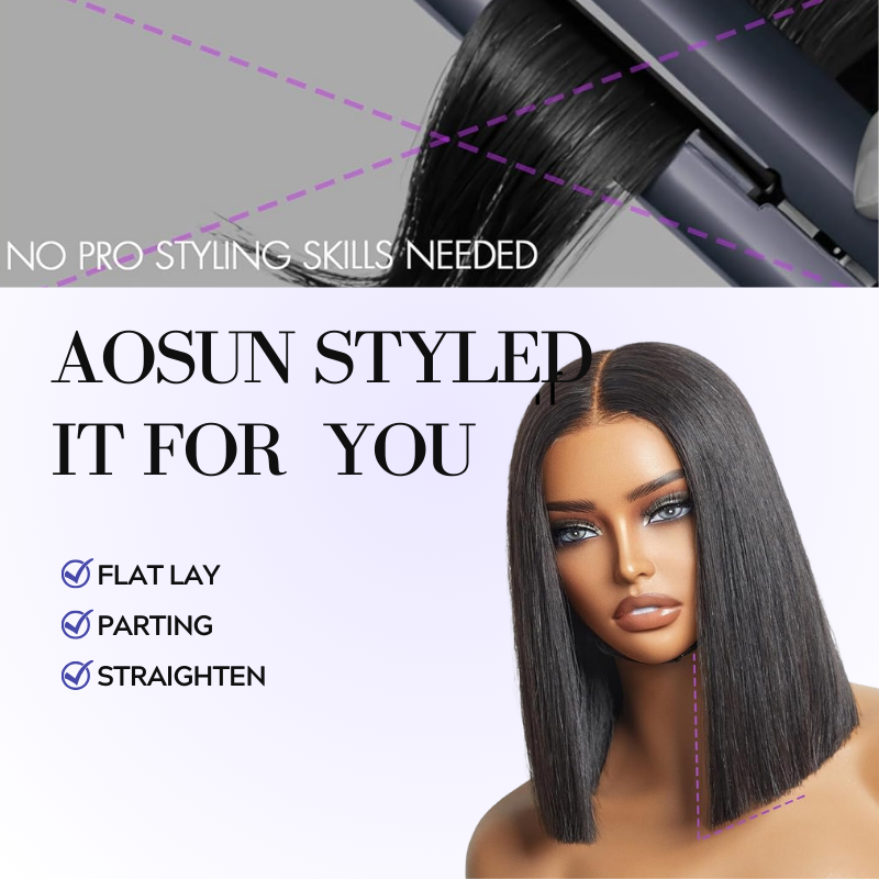 AOSUN HAIR 10 Inch Raw Hair Sleek Max 2x6 Kim K Glueless Short Bob Wig