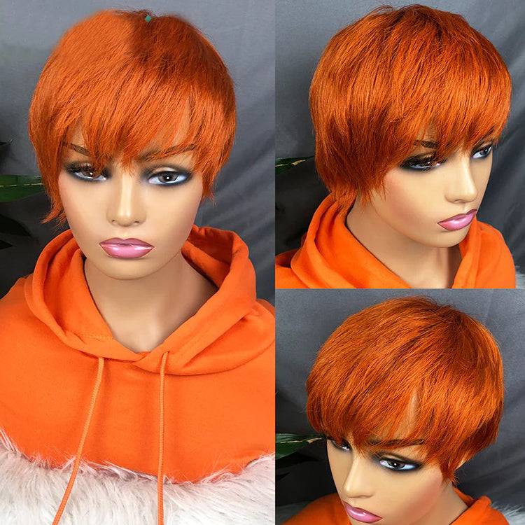 Ginger Color Human Hair Short Wig Machine Made Short Wig With Bangs