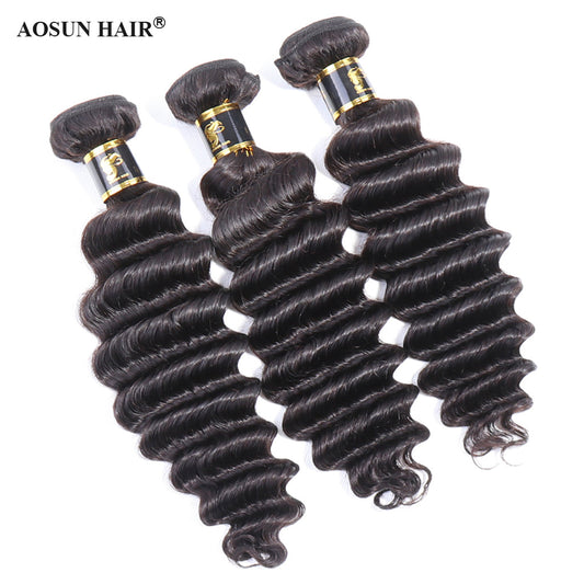 Aosun Brazilian Virgin Hair Bundles with Closure Loose Deep Wave Human Hair