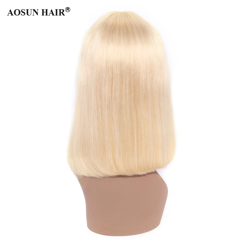 613 Bob Wig with Bangs Glueless 150% Density Brazilian Human Hair None Lace Machine Made Blonde Straight Wigs