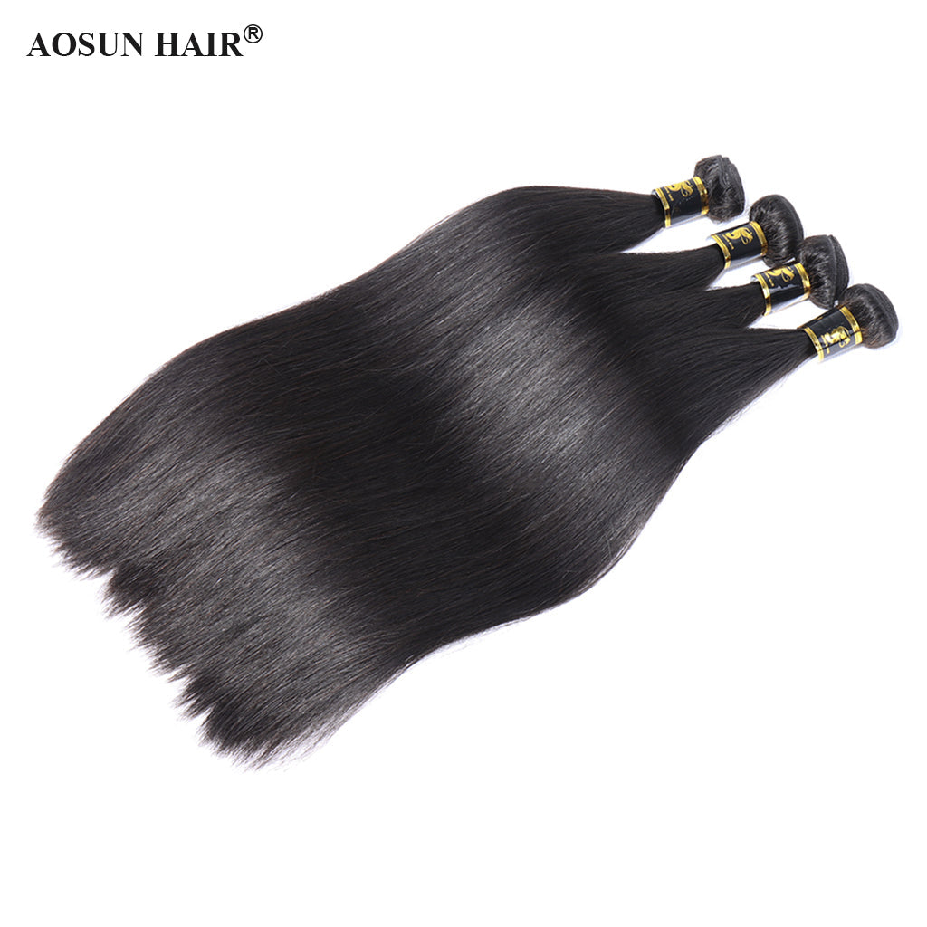 Aosun Straight Hair 3 Bundles With Closure Virgin Human Hair 4*4 Swiss Lace Brazilian Hair