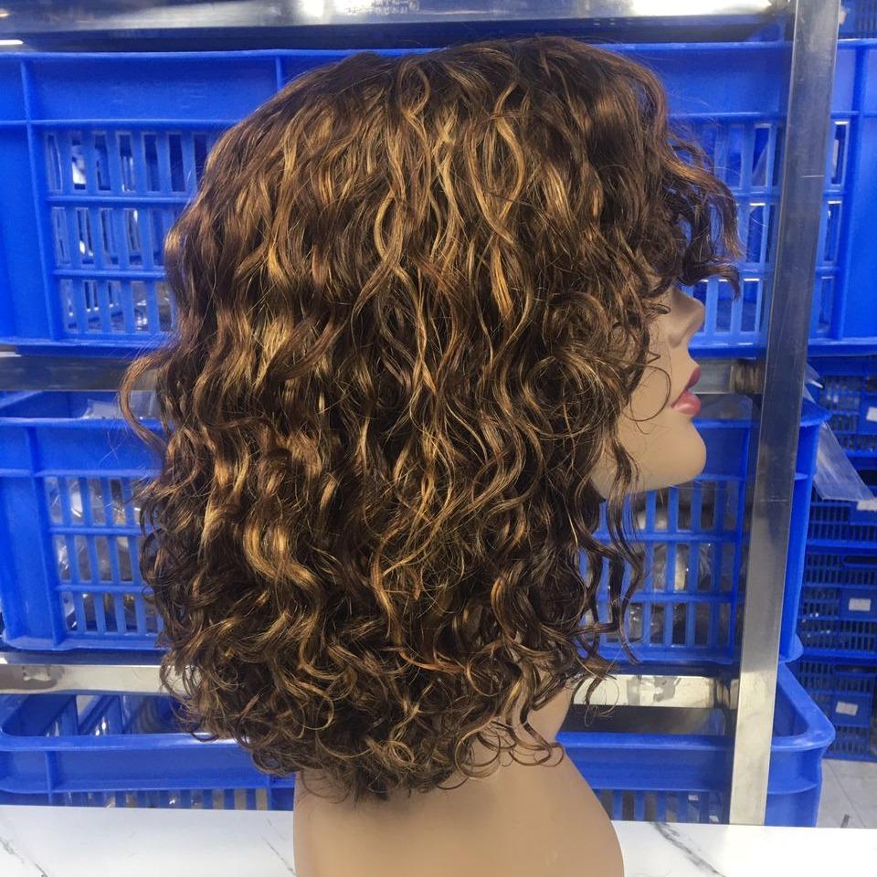 Curly Human Hair Wig with Bangs Honey Blonde Highlight Color Full Machine Made Water Curly Bob Wigs