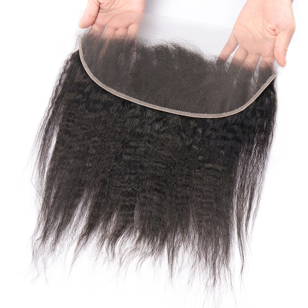 Unprocessed Brazilian Virgin Kinky Straight Human Hair 3 Bundles with 13x4 Lace Frontal Natural Black Color Hair Extension