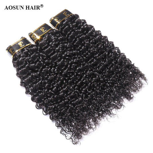 Aosun Italian Curly Human Hair Bundles with Closure Brazilian Virgin Hair Free Shipping