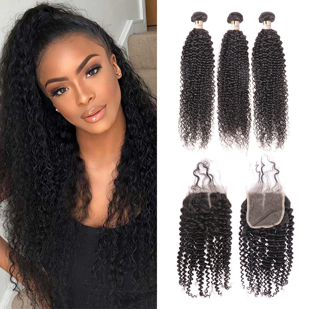 Unprocessed Peruvian Hair Kinky Curly 3 Bundles with 4x4 Closure Curly Weft Extensions Weaves Natural Black