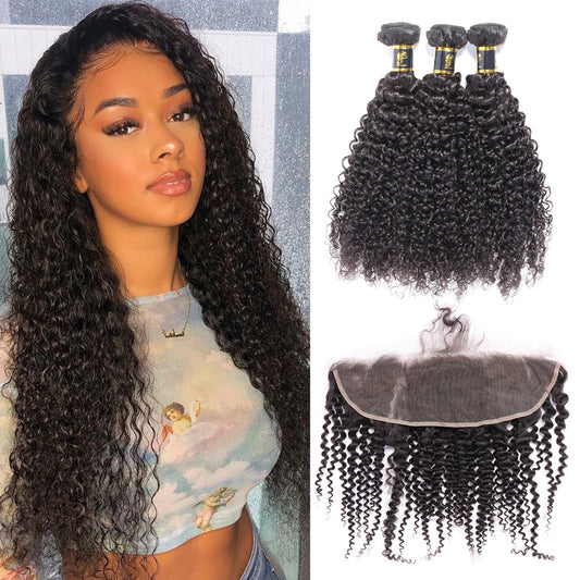 Brazilian Kinky Curly Hair 3 Bundles With 13x4 Frontal Jerry Curly Human Hair Bundles Ear To Ear Lace Frontal Closure