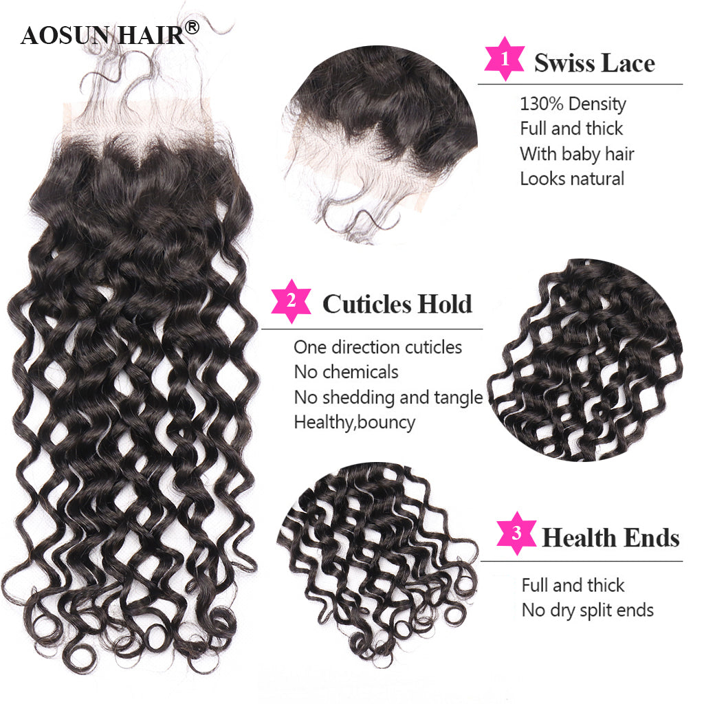 Aosun Italian Curly Human Hair Bundles with Closure Brazilian Virgin Hair Free Shipping