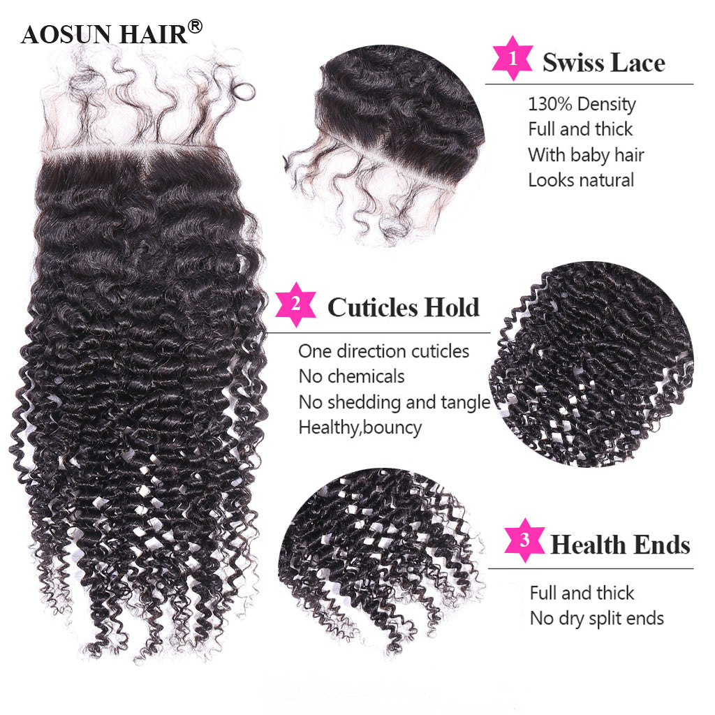 Aosun Hair Kinky Curly Bundles With Closure 3 Bundles Virgin Human Hair Free Shipping