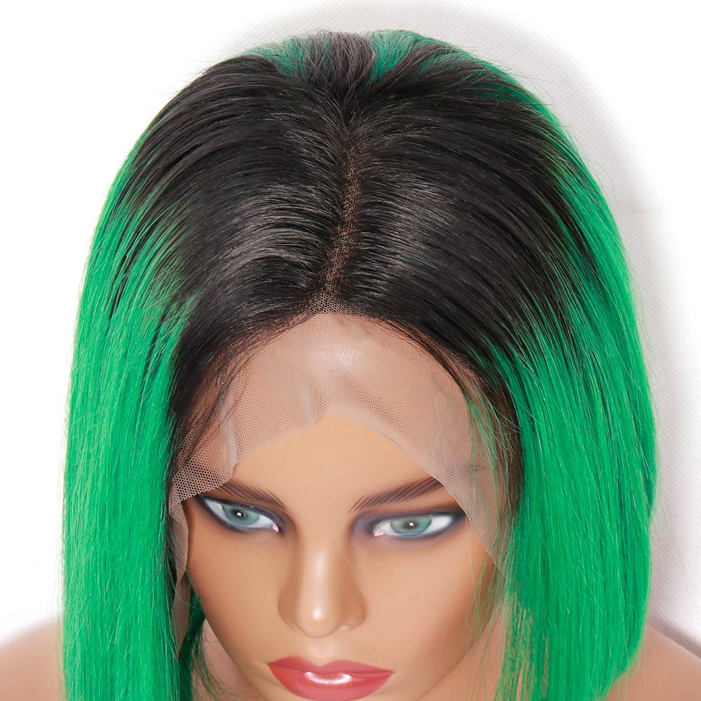 T1b/Green Color Straight Pixie Cut Bob Wig 13x4 Lace Frontal Human Hair Wig