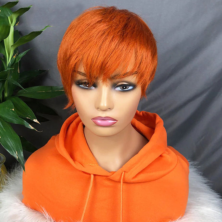 Ginger Color Human Hair Short Wig Machine Made Short Wig With Bangs