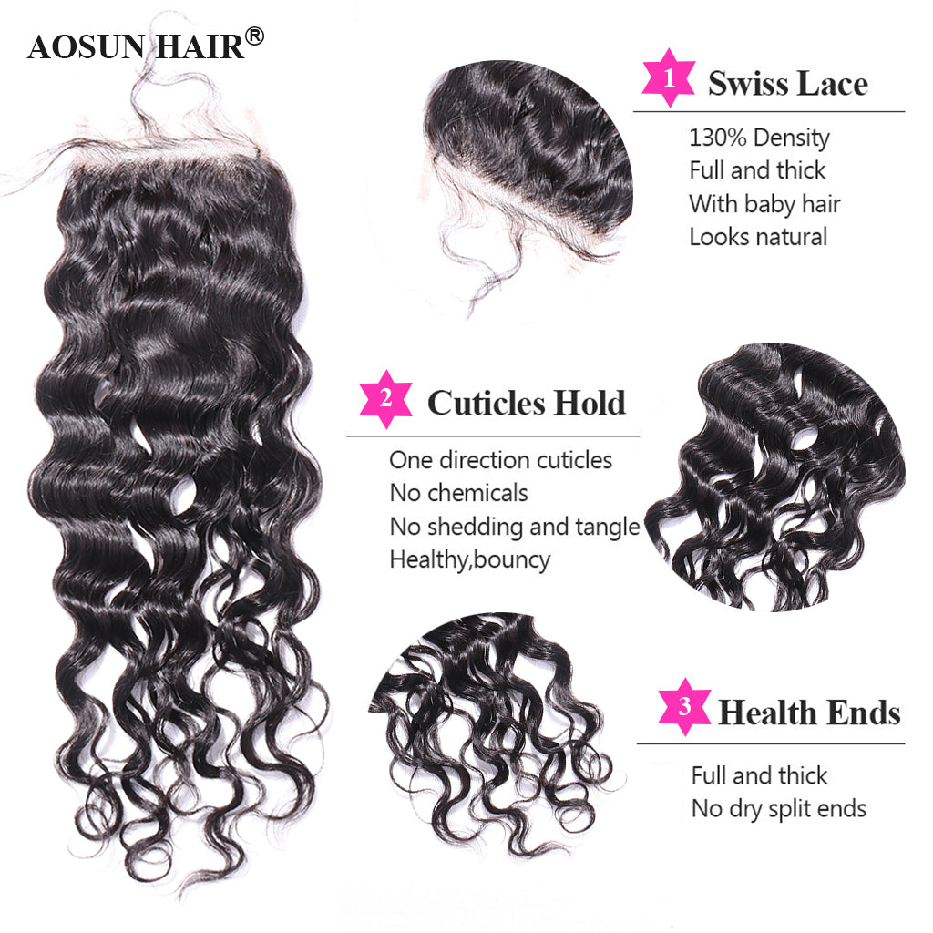 Aosun Brazilian Virgin Hair Bundles with Closure Loose Deep Wave Human Hair