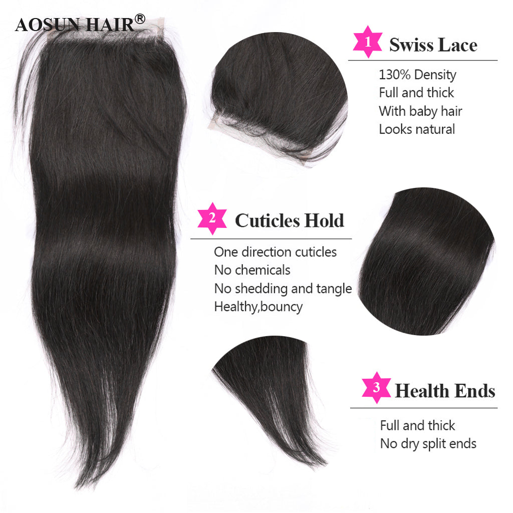 Aosun Straight Hair 3 Bundles With Closure Virgin Human Hair 4*4 Swiss Lace Brazilian Hair