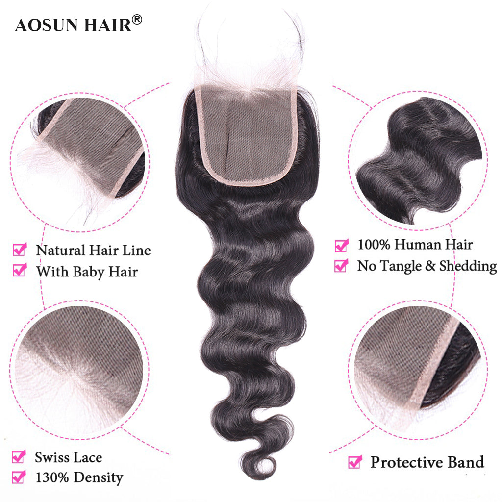 Aosun Human Hair Bundles With Closure 3 Bundles Body Wave Brazilian Hair With Swiss Lace Closure