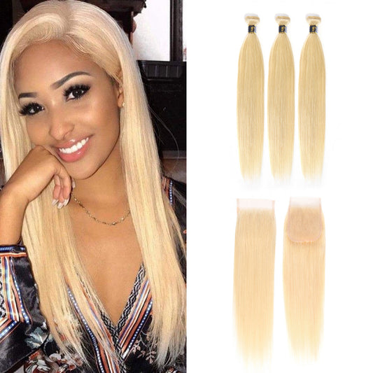 613 Blonde Hair Brazilian Straight Bundles With Closure Honey Blonde Human Hair Silky Straight 3 Bundles With Lace Frontal Closure