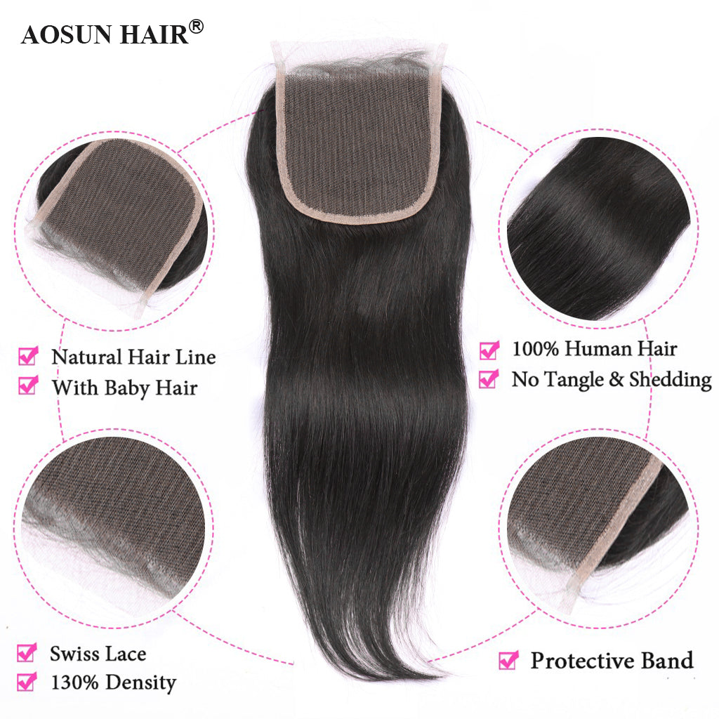 Aosun Straight Hair 3 Bundles With Closure Virgin Human Hair 4*4 Swiss Lace Brazilian Hair