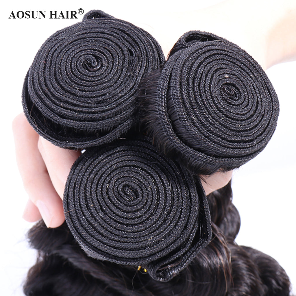 Aosun Brazilian Virgin Hair Bundles with Closure Loose Deep Wave Human Hair