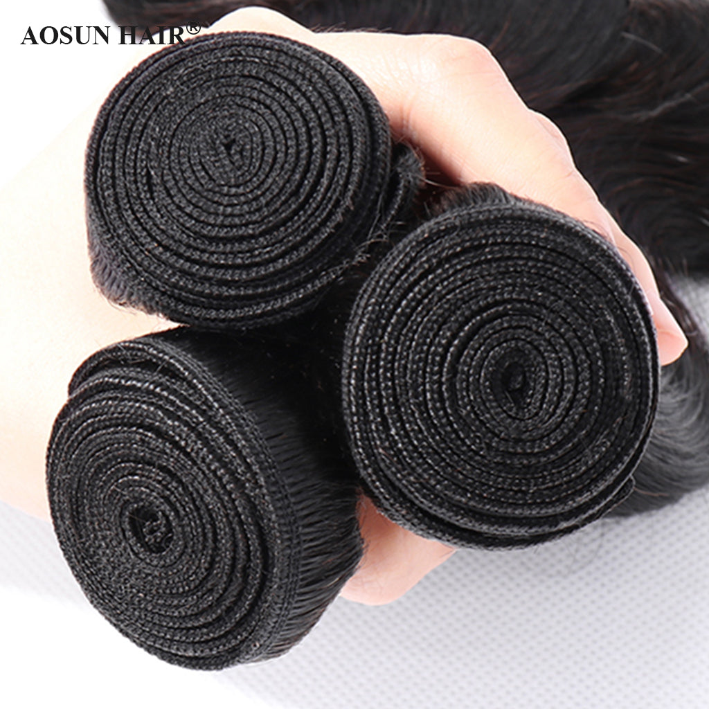 Aosun Human Hair Bundles With Closure 3 Bundles Body Wave Brazilian Hair With Swiss Lace Closure