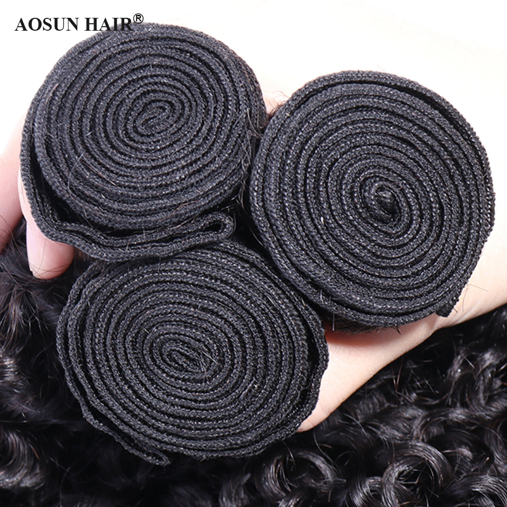 Aosun Hair Kinky Curly Bundles With Closure 3 Bundles Virgin Human Hair Free Shipping