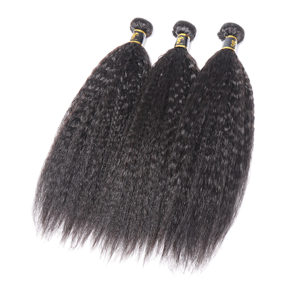 Unprocessed Brazilian Virgin Kinky Straight Human Hair 3 Bundles with 13x4 Lace Frontal Natural Black Color Hair Extension