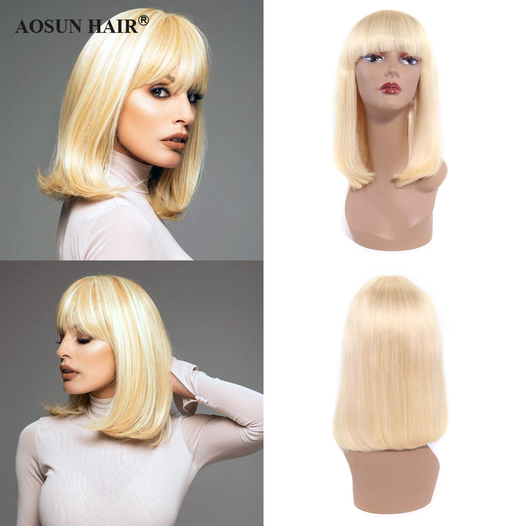 613 Bob Wig with Bangs Glueless 150% Density Brazilian Human Hair None Lace Machine Made Blonde Straight Wigs